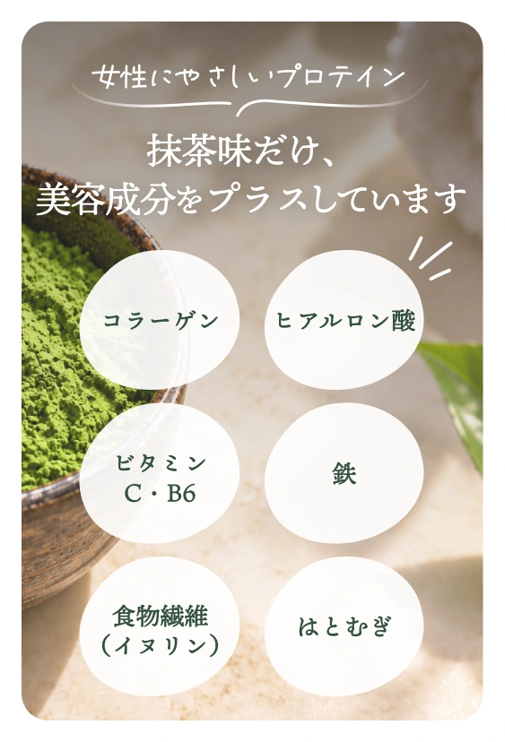 抹茶味にはコラーゲン、ヒアルロン酸、ビタミンC・B6、鉄、食物繊維、はとむぎを配合。